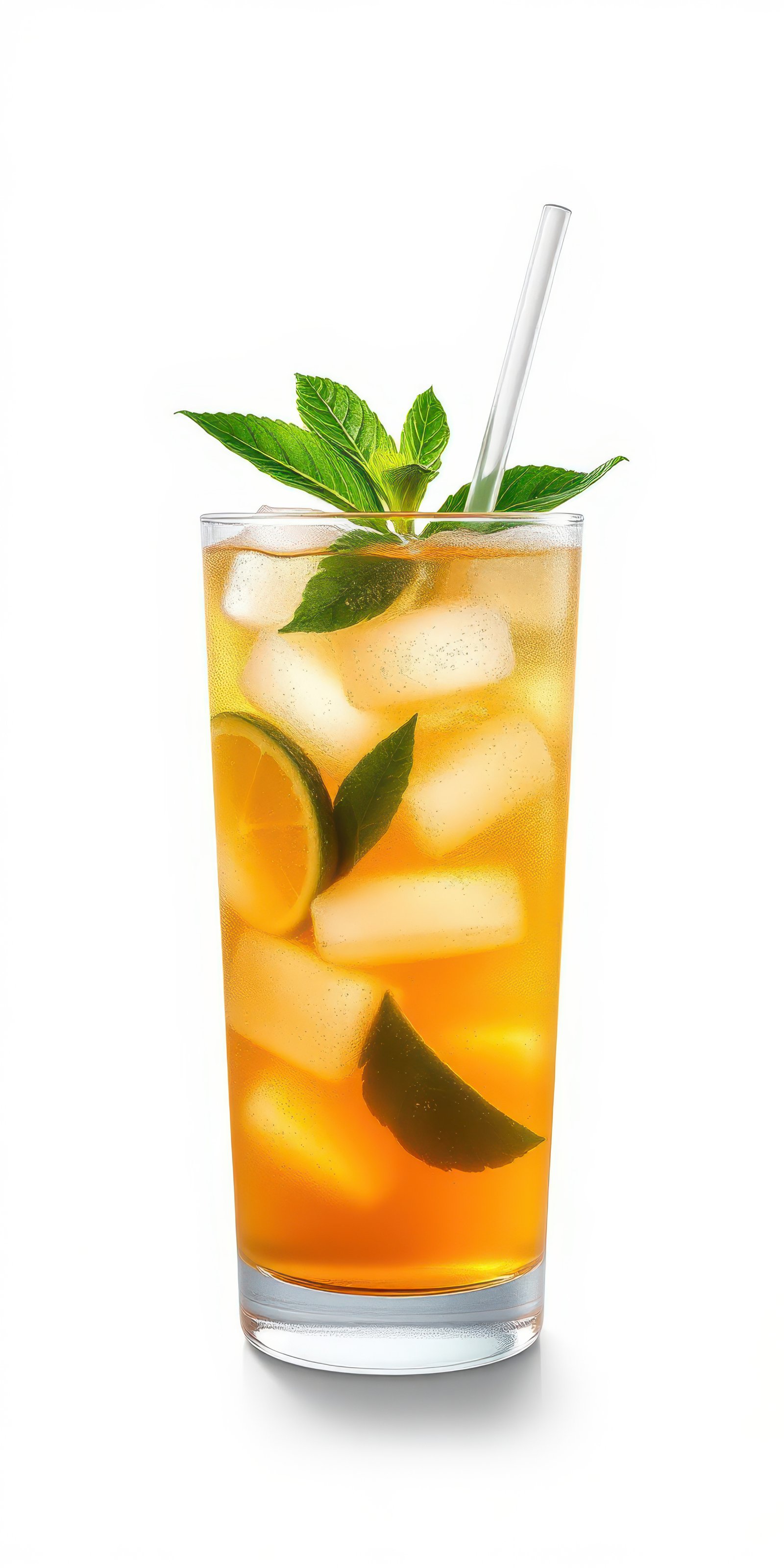 Refreshing iced tea with mint and citrus served in a tall glass during summer